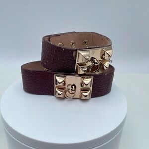 Vintage 90s Cookie Lee Burgundy Faux Leather Studded Cuff Bracelet Set Gold Tone